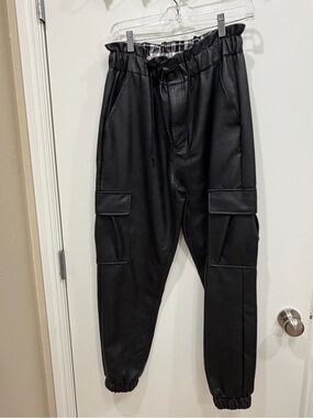 KanCan Black Faux Leather Cargo Joggers